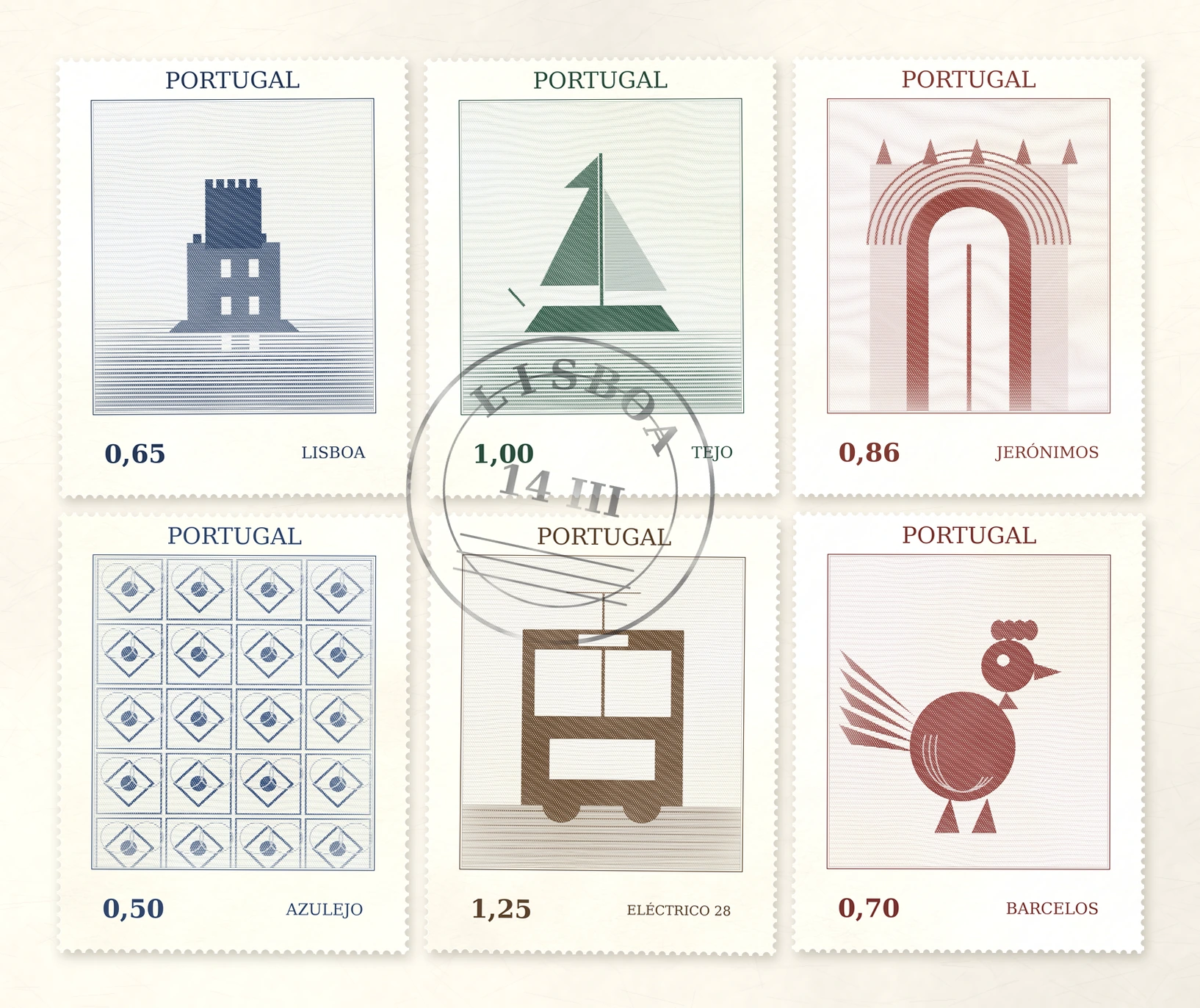A block of six Lisbon Corridor stamps, struck with a Lisbon postmark.
