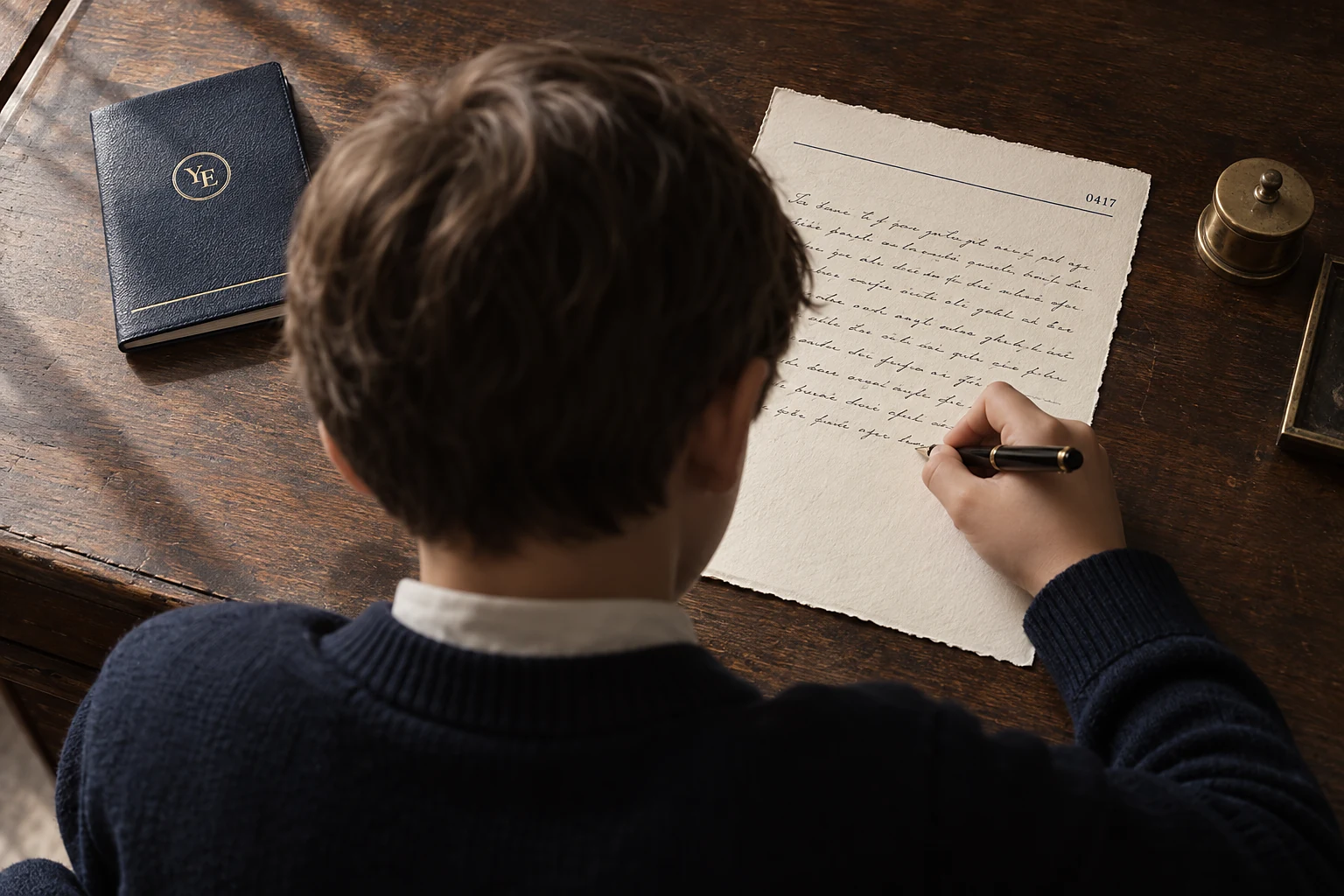 A letter being written by hand at the desk, the pen still on the page.