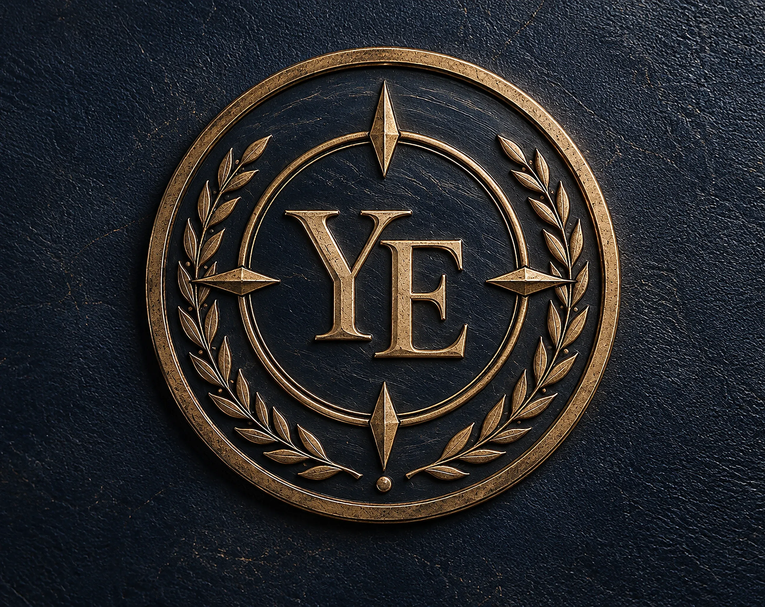 The Envoy Seal: an aged brass ring, a laurel wreath, four compass points, and the YE monogram, on navy leather.