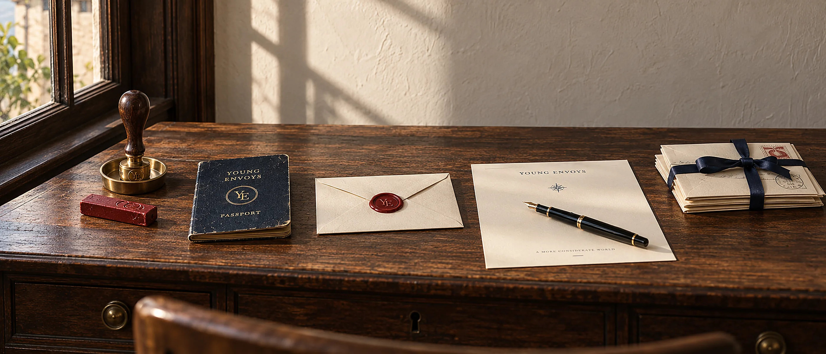 The writing desk by a window: a brass seal, a stick of red wax, a navy passport, a sealed envelope, a letter sheet with a fountain pen.
