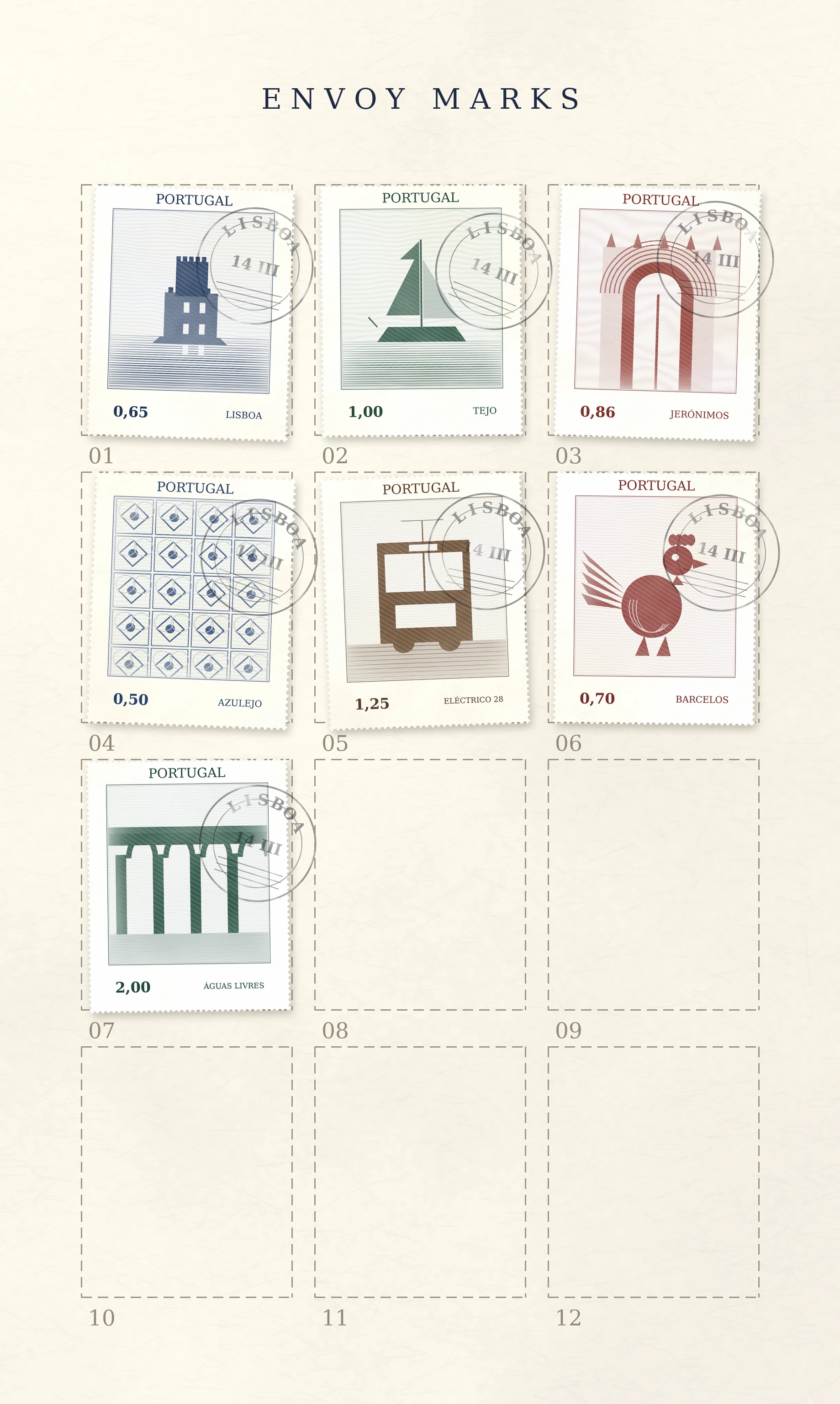 A page of the Envoy Passport: twelve dashed cells, seven struck with Lisbon Corridor stamps and postmarks.