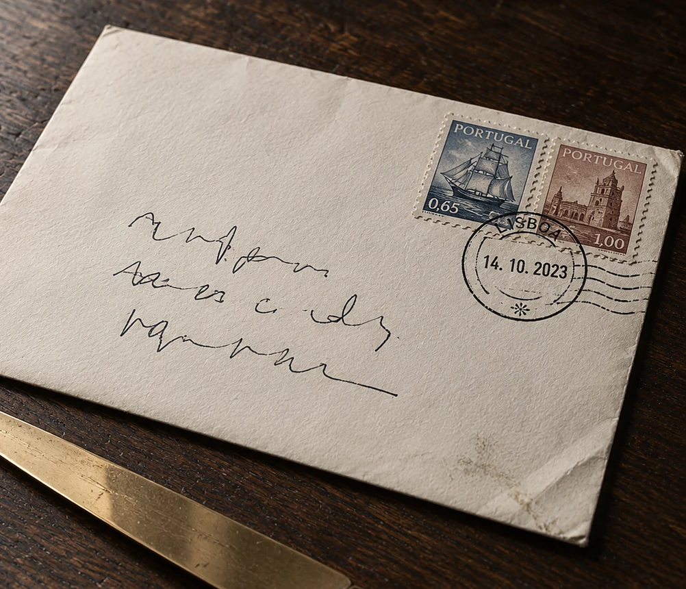 A cream envelope with Portuguese stamps and a Lisbon postmark beside a brass letter opener.