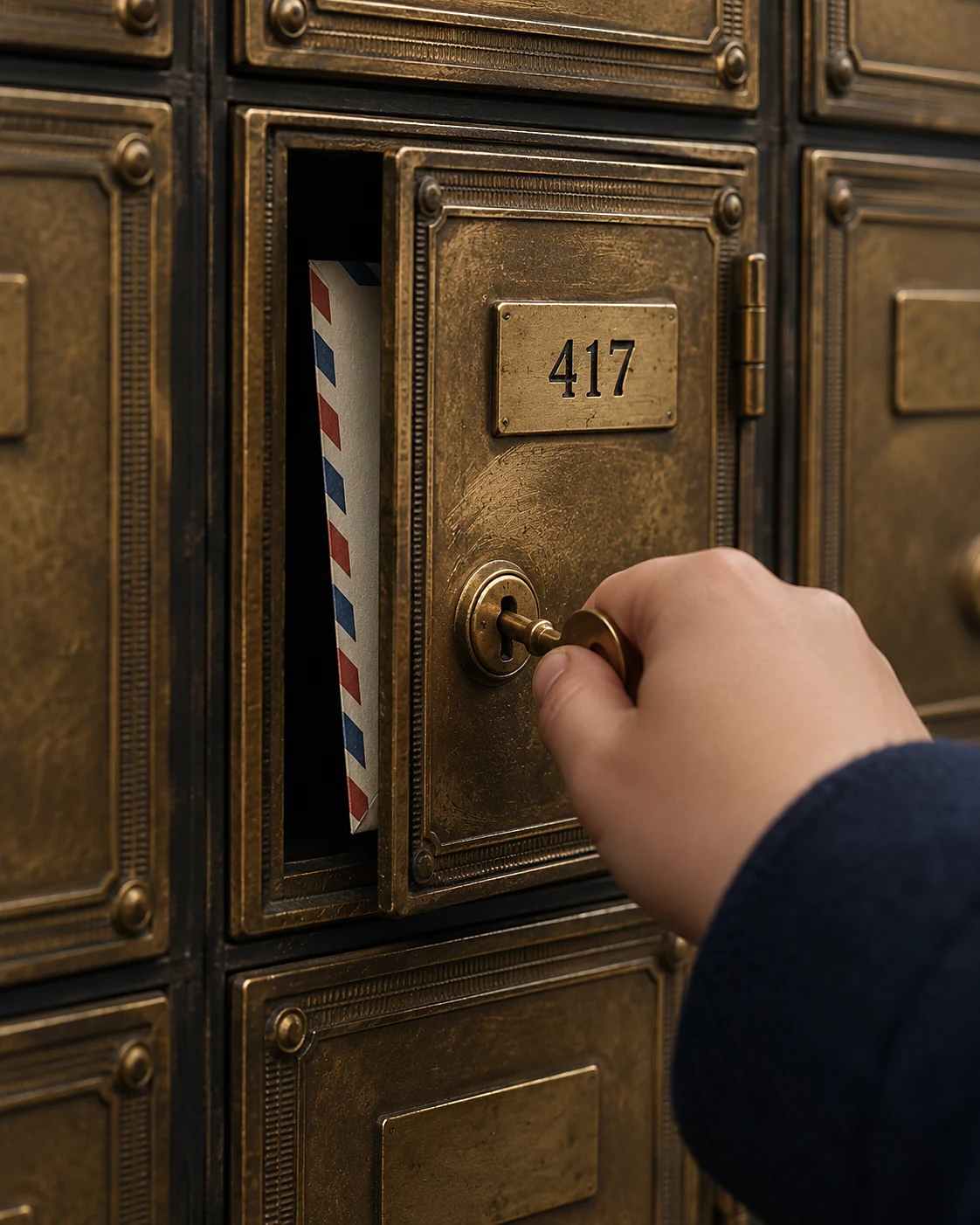 A child's hand turning a brass key in post office box 417.